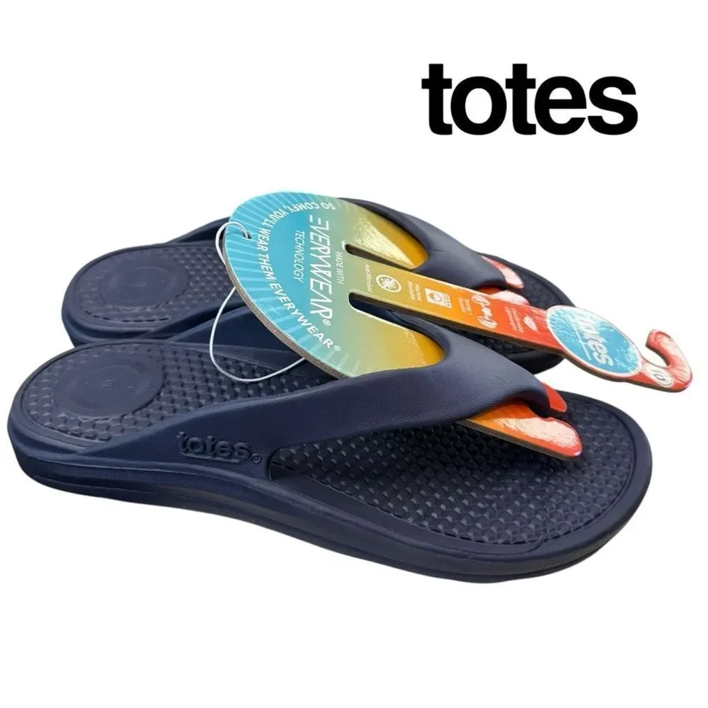 New Totes Everywhere Men's Navy Slide Flip Flop Thong Sandals 10